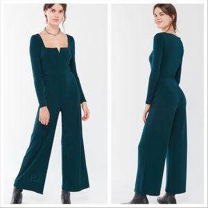 Teal V-Notch Long Sleeve Wide Leg Jumpsuit